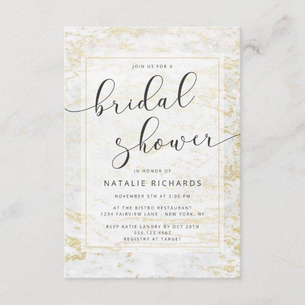 Modern Marbles in White with Gold Bridal Shower Invitations