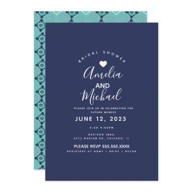 Modern Mediterranean Bridal Romantic Tiles Navy Invitations