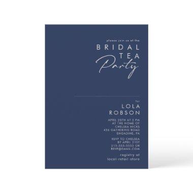 Modern Minimal Navy Blue Silver Bridal Tea Party Invitations