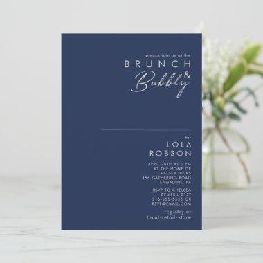 Modern Minimal Navy Blue Silver Brunch and Bubbly Invitations