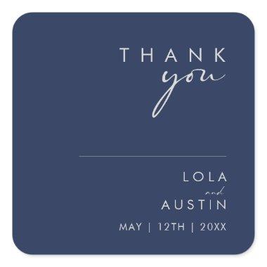 Modern Minimal Navy Blue Silver Thank You Wedding Square Sticker