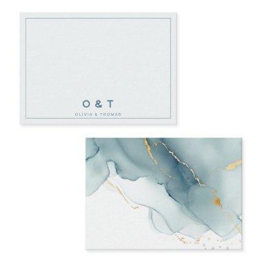 Modern Minimalist Dusty Blue Gold Couple Monogram Note Invitations