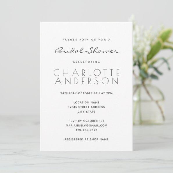 Modern Minimalist Elegant Bridal Shower White Invitations