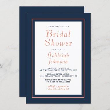 Modern Minimalist Navy Blue Coral Bridal Shower Invitations