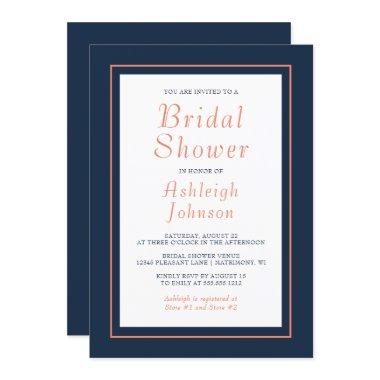 Modern Minimalist Navy Blue Coral Bridal Shower Invitations