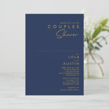 Modern Minimalist Navy Blue | Gold Couples Shower Invitations
