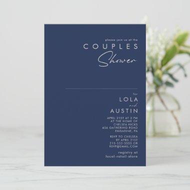 Modern Minimalist Navy Blue Silver Couples Shower Invitations