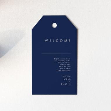 Modern Minimalist Navy Blue Silver Wedding Welcome Gift Tags