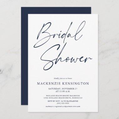 Modern Minimalist Navy Blue White Bridal Shower Invitations