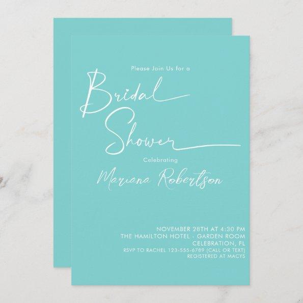 Modern Minimalist Script Aqua Blue Bridal Shower Invitations