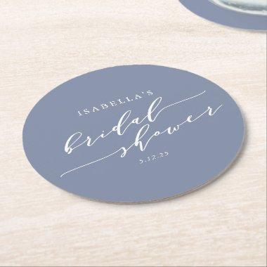 Modern Minimalist Script Blue Bridal Shower Custom Round Paper Coaster