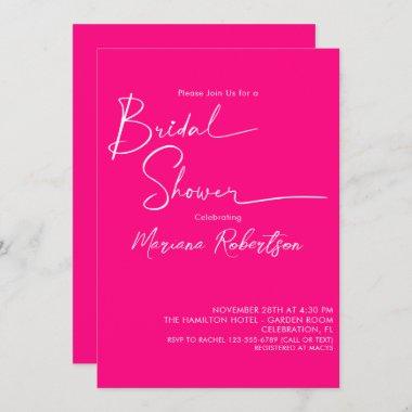 Modern Minimalist Script Bright Pink Bridal Shower Invitations