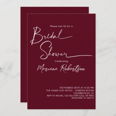 Modern Minimalist Script Burgundy Bridal Shower Invitations