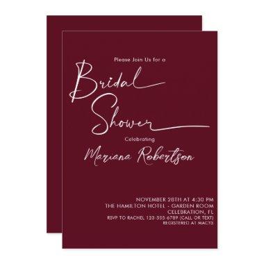 Modern Minimalist Script Burgundy Bridal Shower Invitations