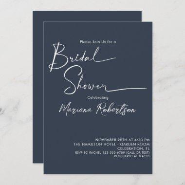 Modern Minimalist Script Navy Blue Bridal Shower Invitations