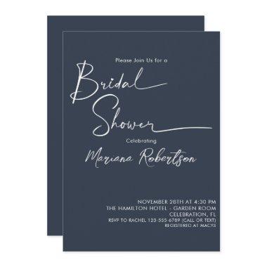 Modern Minimalist Script Navy Blue Bridal Shower Invitations