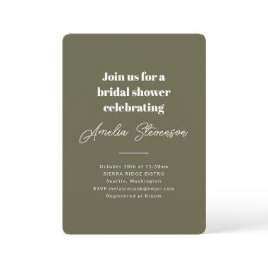 Modern Minimalist Simple Bridal Shower Olive Invitations