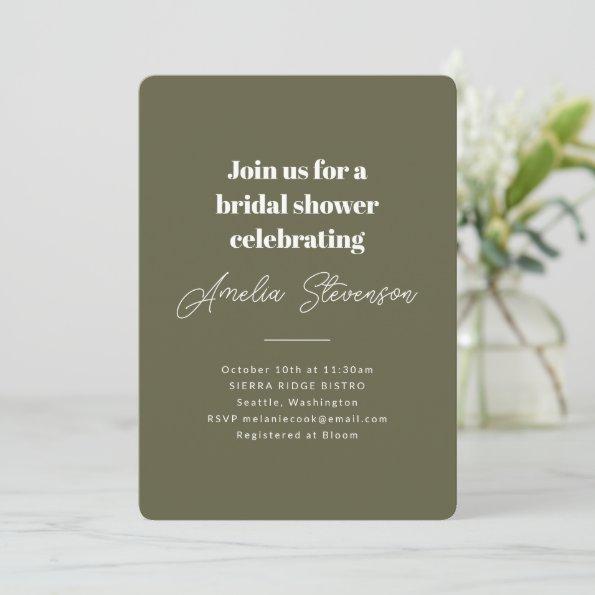 Modern Minimalist Simple Bridal Shower Olive Invitations