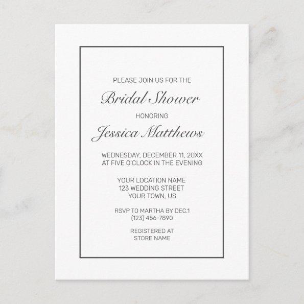 Modern Minimalist White Bridal Shower Invitation PostInvitations