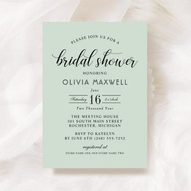 Modern Mint and Black Script Bridal Shower Invitations