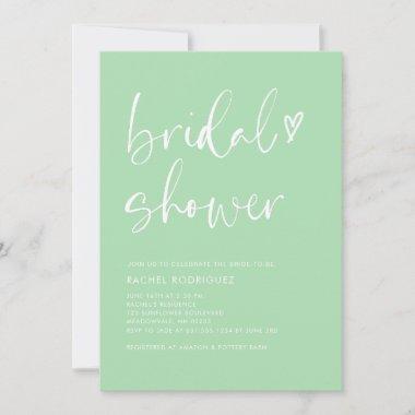Modern Mint Green Calligraphy Heart Bridal Shower Invitations
