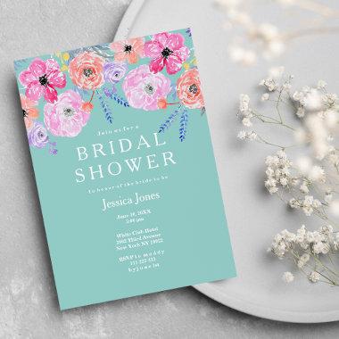 Modern mint green coral pink floral Bridal Shower Invitations