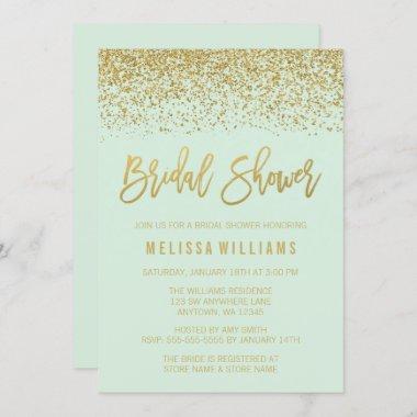 Modern Mint Green Faux Gold Glitter Bridal Shower Invitations