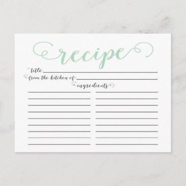 Modern Mint Green Script Bridal Shower Recipe Invitations