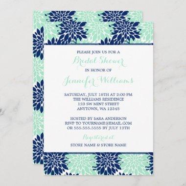 Modern Mint Navy Blue Flower Bridal Shower Invitations