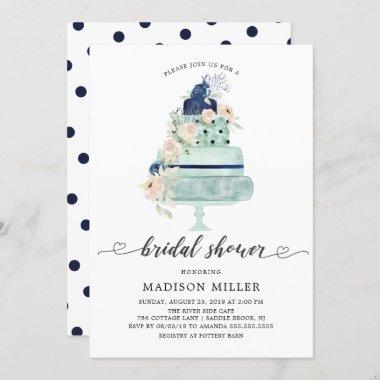 Modern Mint Navy & Blush Floral Cake Bridal Shower Invitations