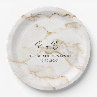 Modern Monogram Custom Gold Marble Wedding Paper Plates