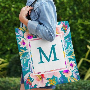 Modern Monogram Floral Teal Elegant Tote Bag