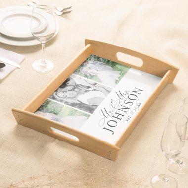 Modern Monogram Mr & Mrs Photo Collage Serving Tray