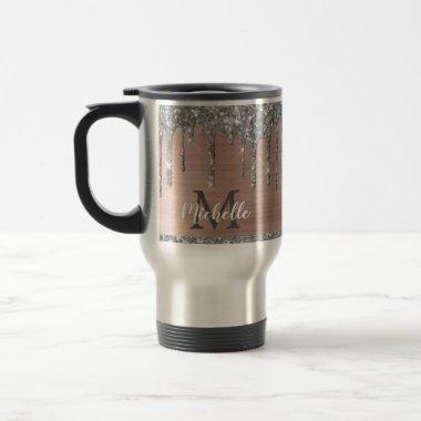 Modern Monogram Silver Glitter Drips on Pink Metal Travel Mug