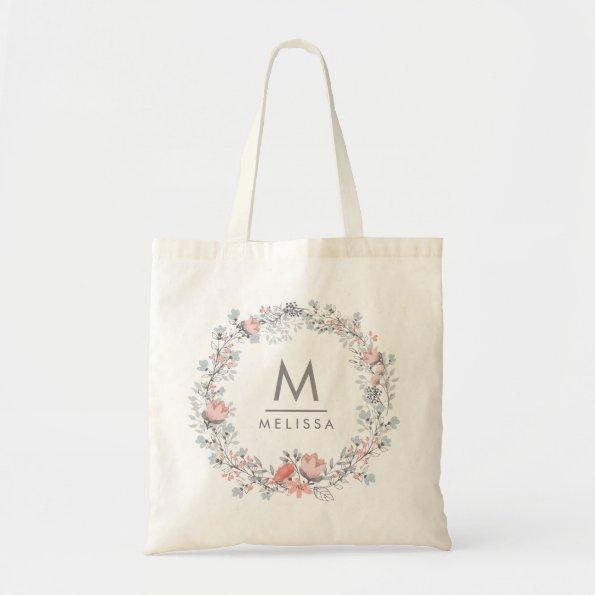 Modern Monogram Vintage Rustic Floral Tote Bag