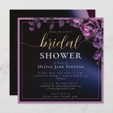 Modern Moody Black Dark Purple Frame Bridal Shower Invitations