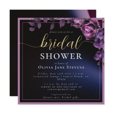 Modern Moody Black Dark Purple Frame Bridal Shower Invitations