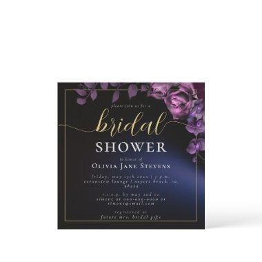 Modern Moody Black Dark Purple Frame Bridal Shower Invitations