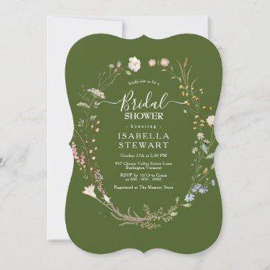 Modern Moss Green Wildflower Elegant Bridal Shower Invitations