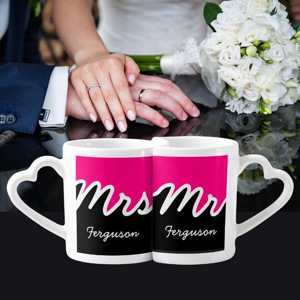 Modern Mr Mrs Color Block Bright Pink White Black Coffee Mug Set
