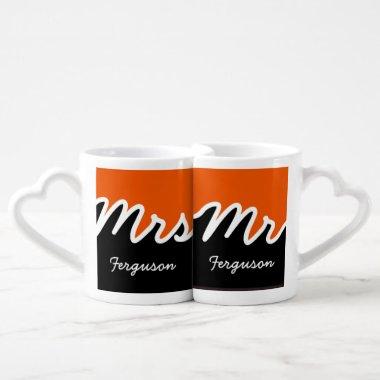 Modern Mr Mrs Color Block Orange White Black Coffee Mug Set