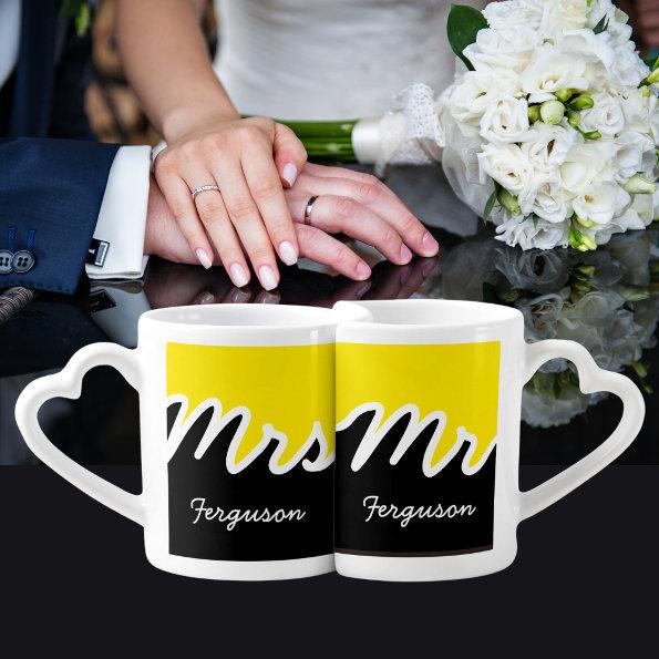 Modern Mr Mrs Color Block Yellow White Black Coffee Mug Set