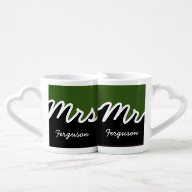 Modern Mr Mrs Script Color Block Green White Black Coffee Mug Set