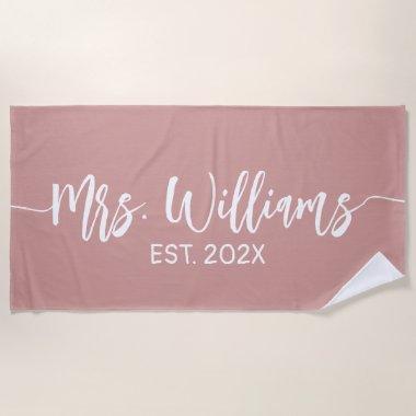 Modern Mrs Newlywed Script Name Black & White Beach Towel