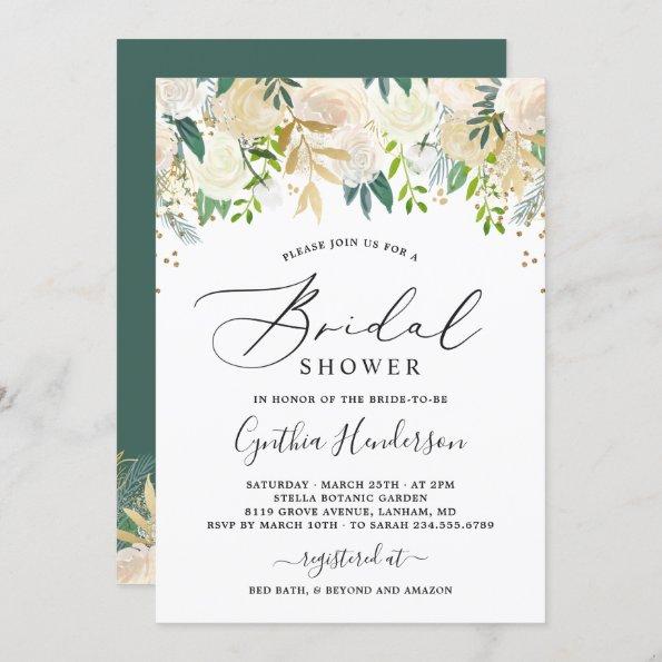 Modern Nature Green Gold Floral Bridal Shower Invitations