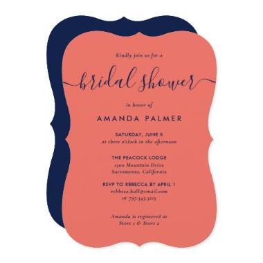 Modern Navy Blue and Coral Bridal Shower Invitations