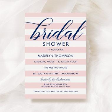 Modern Navy Blue and Pink Stripes Bridal Shower Invitations