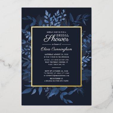 Modern Navy Blue Botanical Foliage  Foil