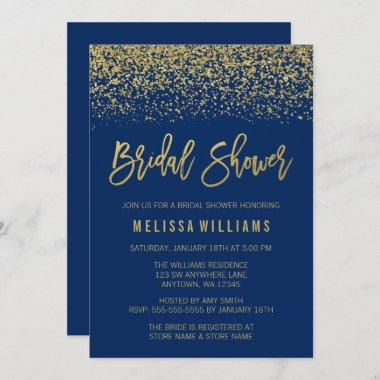 Modern Navy Blue Faux Gold Glitter Bridal Shower Invitations