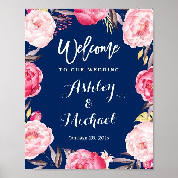 Modern Navy Blue Floral Wreath Wedding Sign